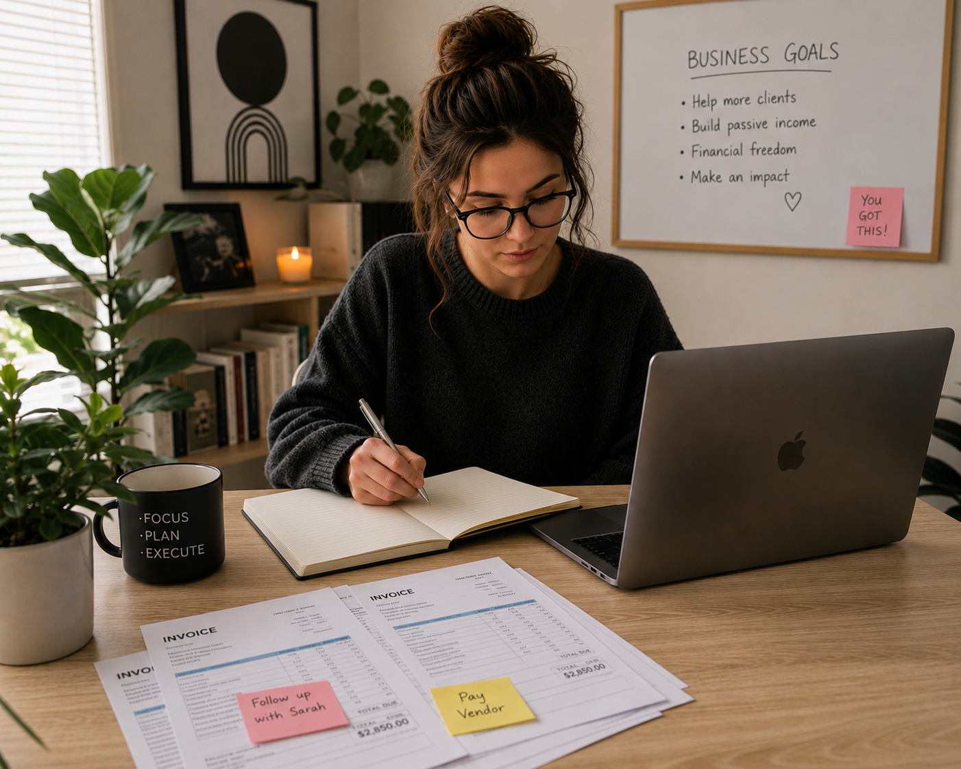 Solo entrepreneur working at her desk
